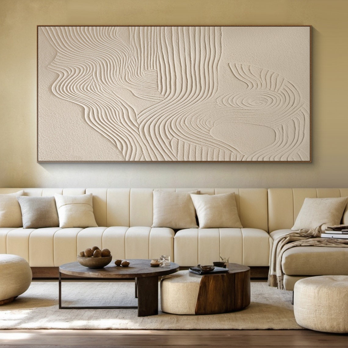 Cream Textured Abstract Wavy Lines Minimalist Plaster Art Poster - Image 2