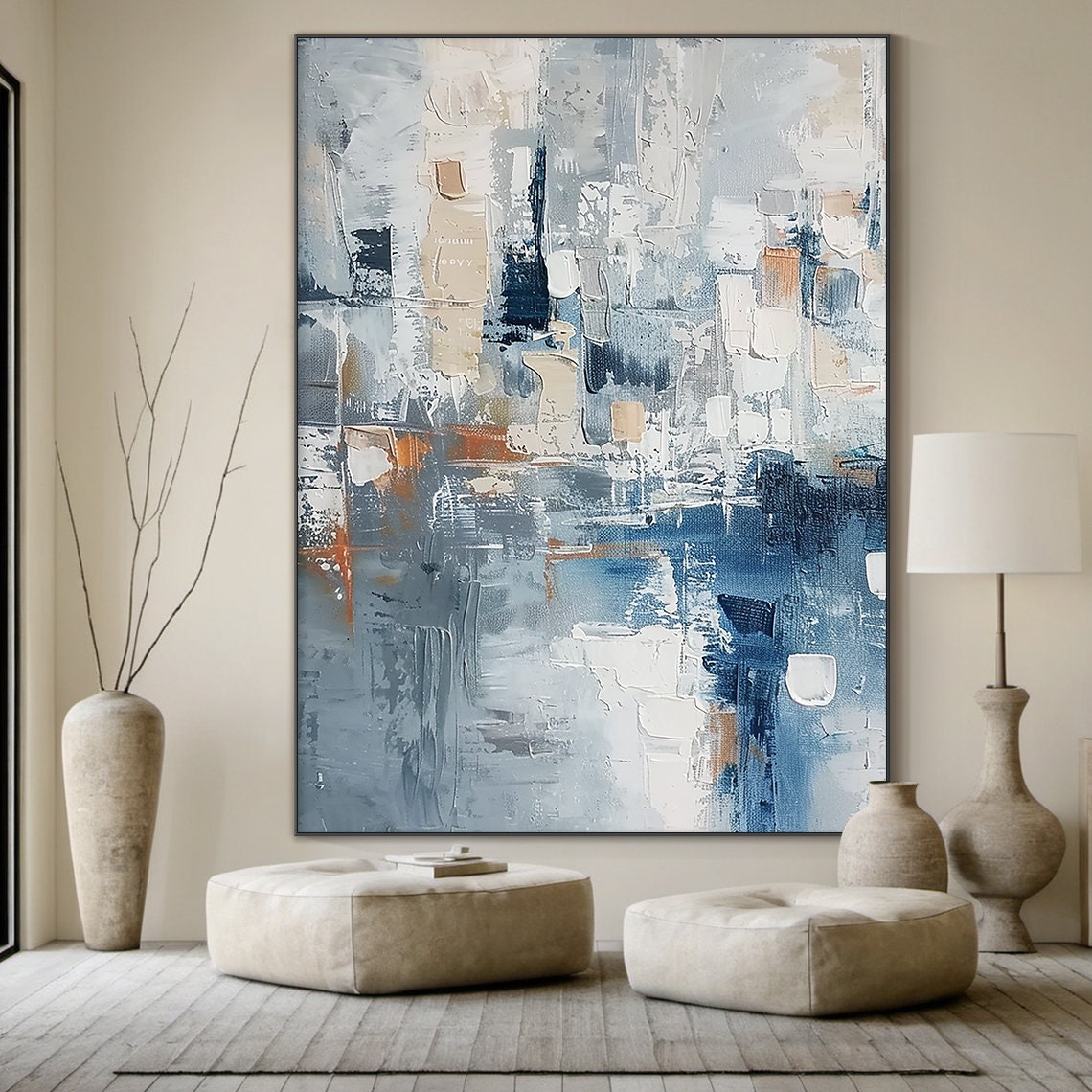 Blue Grey Abstract With Tan Block Shapes Textured Modern Poster