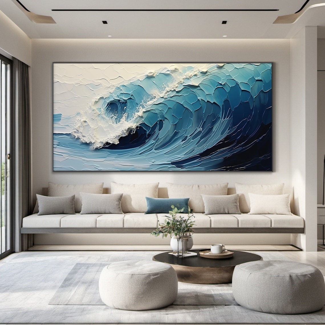 Deep Navy Blue Curling Wave White Foam Dramatic Ocean Painting Poster - Image 2