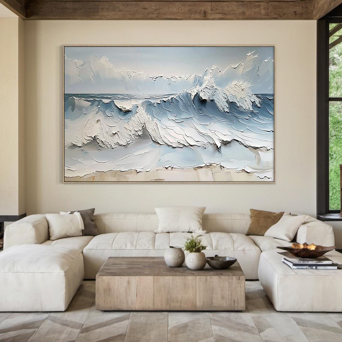 Ocean Wave Crash Beach Textured Painting Blue Sea Art Print Poster - Image 3