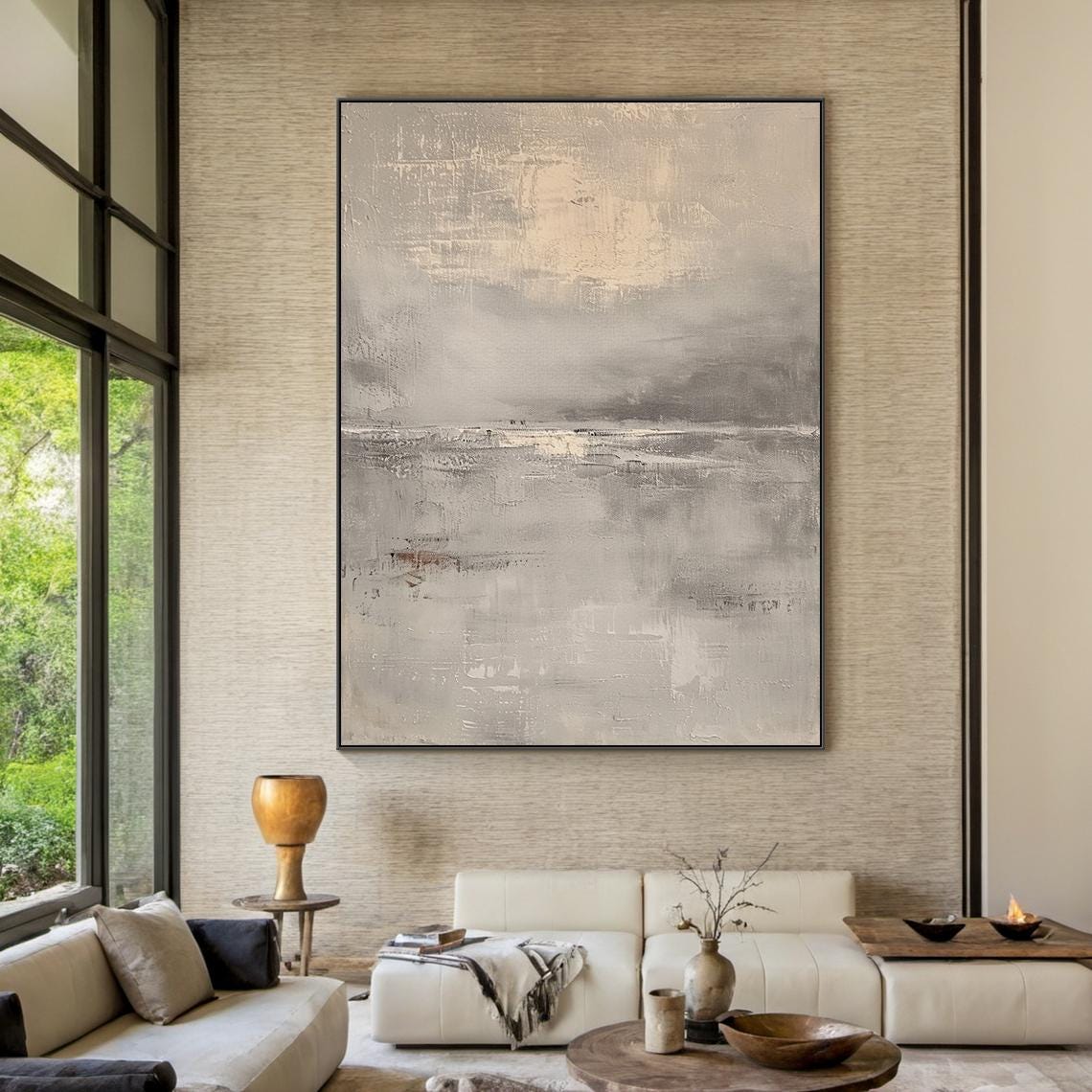 Beige Grey Misty Horizon Abstract Landscape Soft Neutral Wall Art