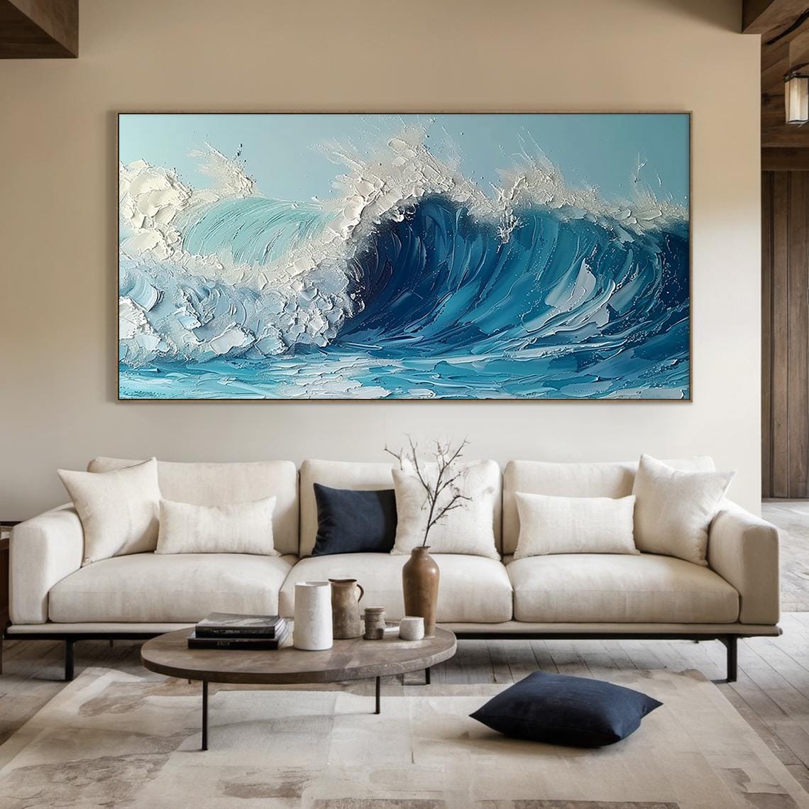 Blue White Crashing Curl Wave Impasto Dynamic Ocean Sea Poster