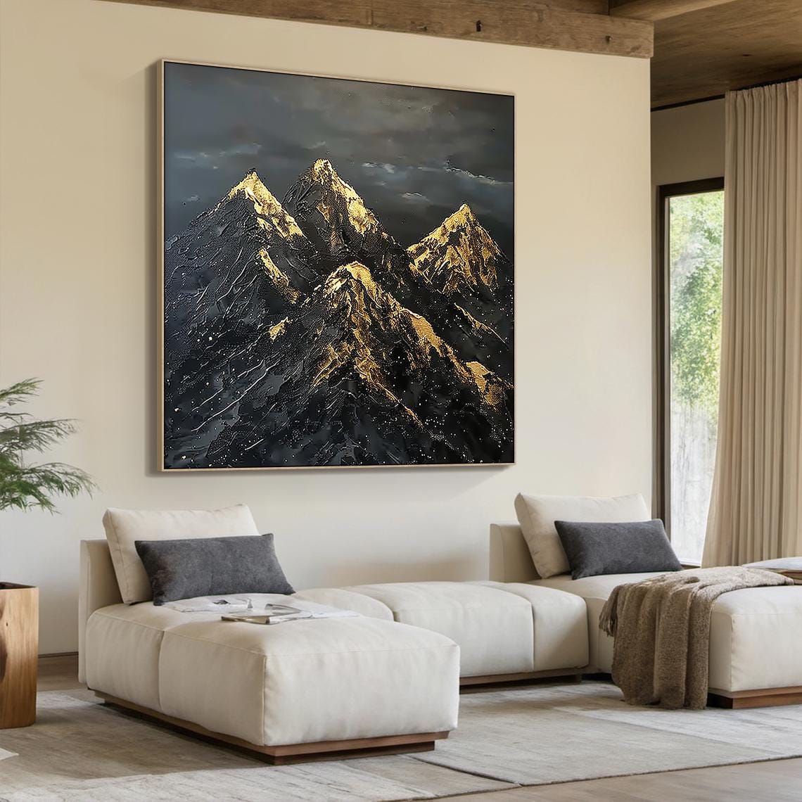 Large Black Abstract Mountains Oil Painting Gold Texture Mountains Sunrise Landscape Painting Modern Nature Living Room Wall Art - Image 5