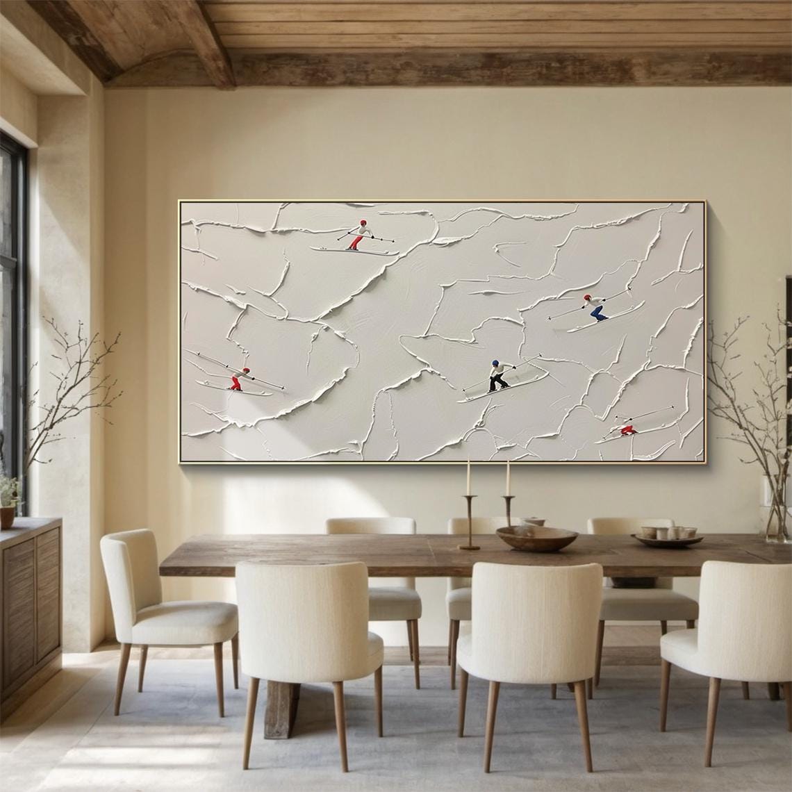 3d Beige Snow Field Ski Hand Drawing Original Skier Gift Beige Abstract Ski Art Modern Living Room Wall Decor
