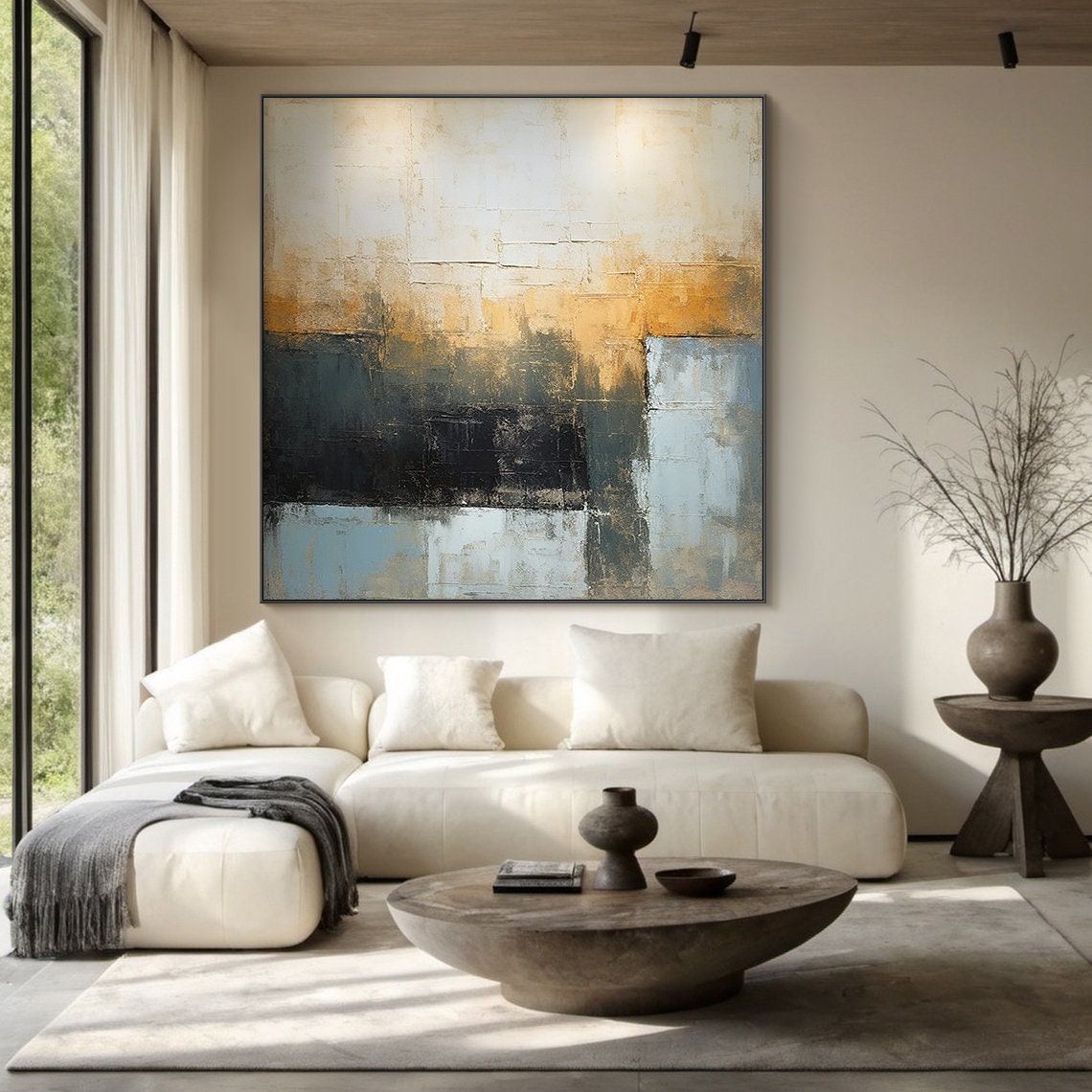 Golden Yellow Abstract Painting Dark Teal Textured Modern Art Poster - Image 6