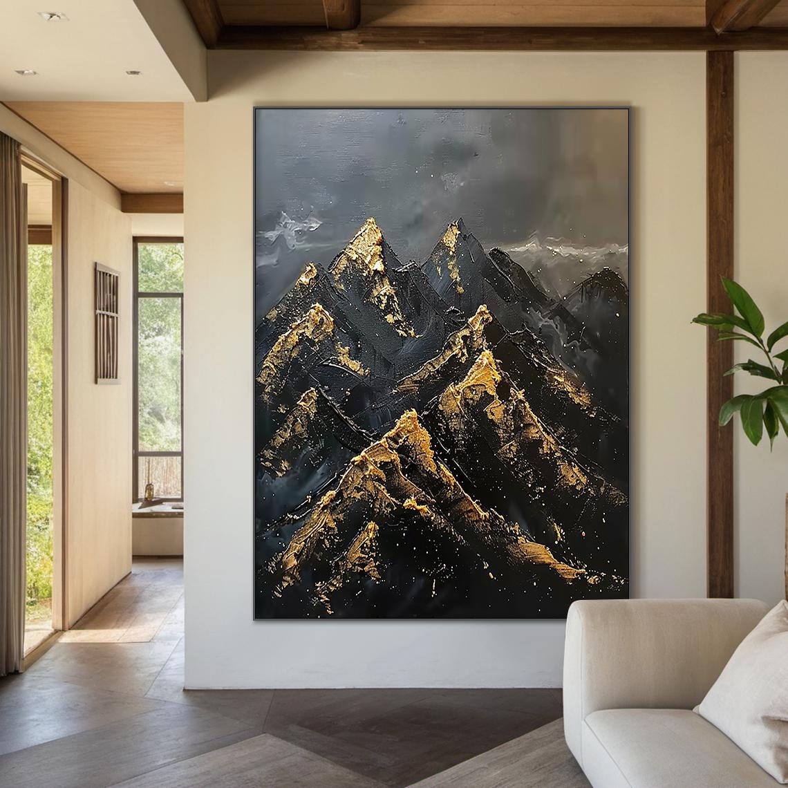 Large Black Abstract Mountains Oil Painting Gold Texture Painting Mountains Sunrise Landscape Painting Modern Nature Wall Decor - Image 2