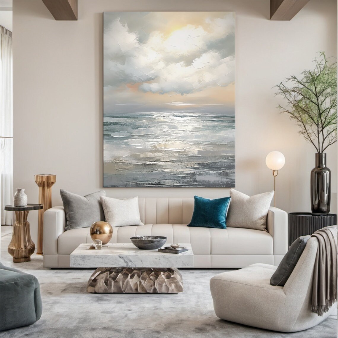 Golden Clouds Grey Teal Ocean Sunset Seascape Abstract Painting Poster - Image 3