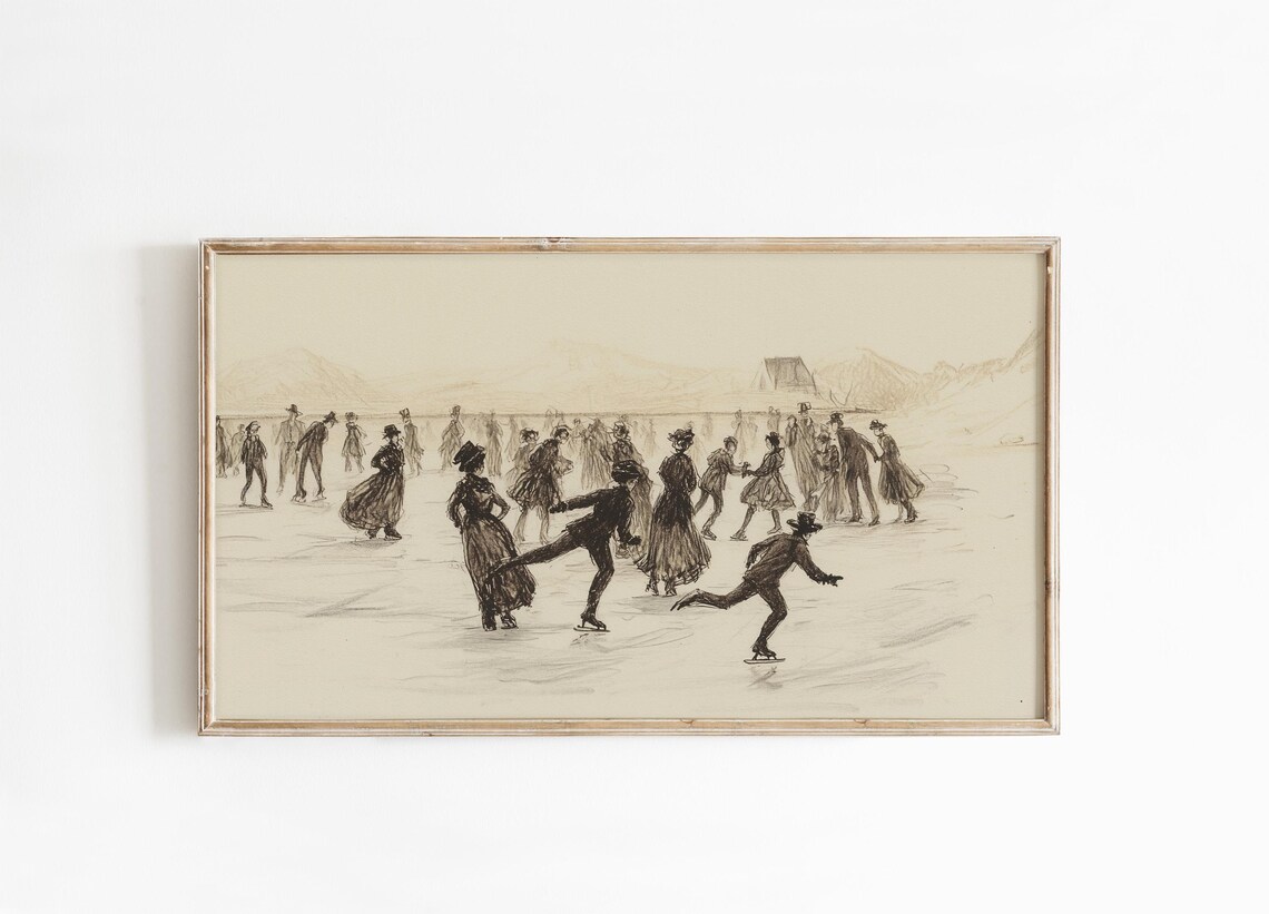 Vintage Ice Skaters Winter Rink Sketch Antique Figure Skating Poster