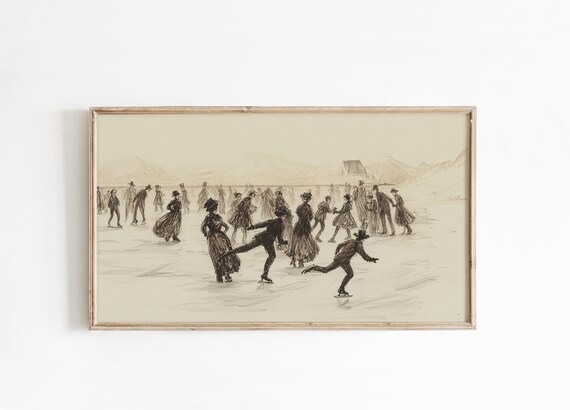 Vintage Ice Skaters Winter Rink Sketch Antique Figure Skating Poster