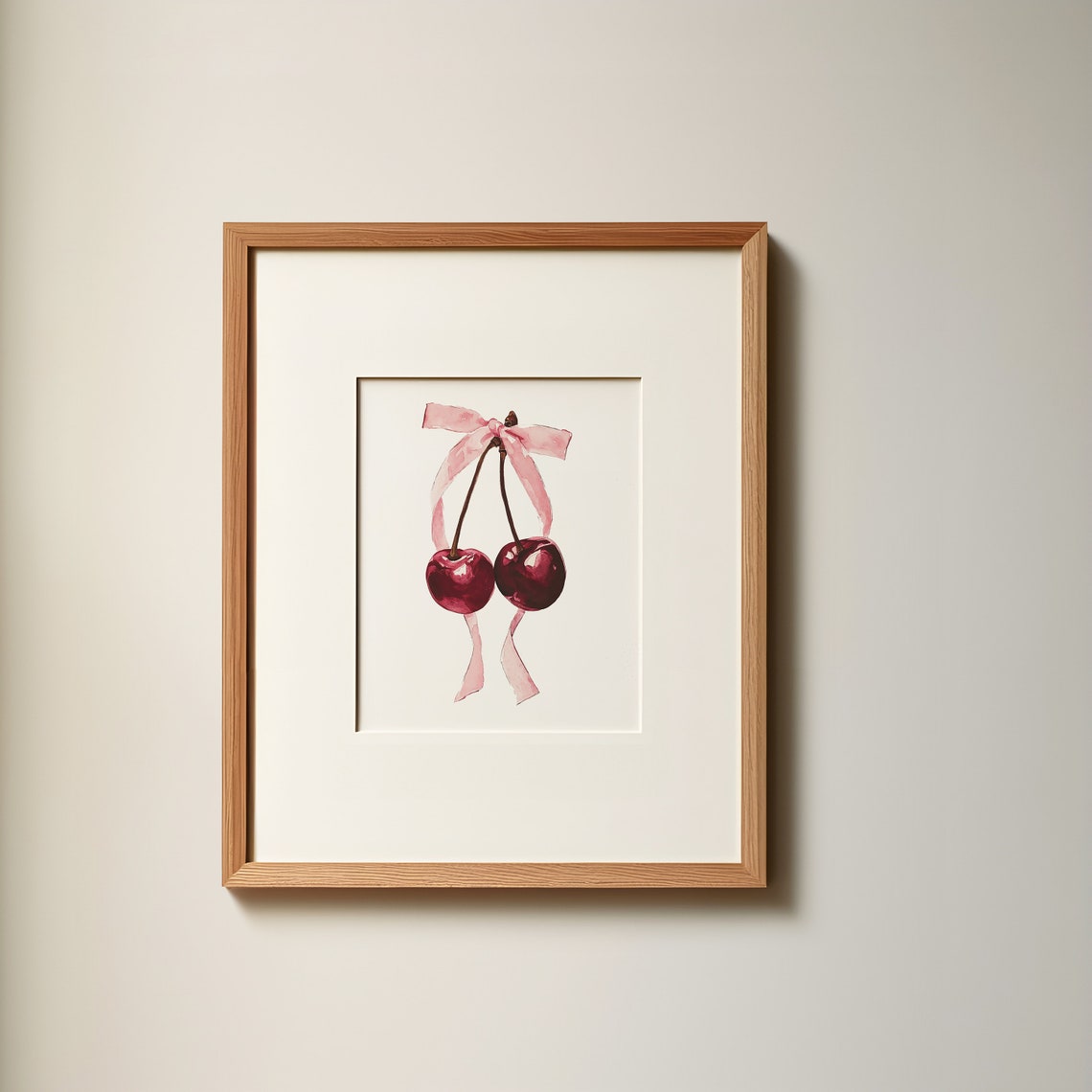 Red Cherries Pink Bow Watercolor Girly Aesthetic Kitchen Poster
