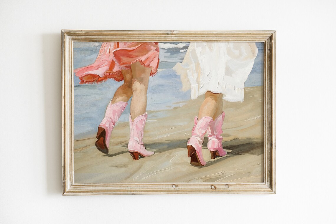 Pink Cowgirl Boots Beach Friends Walking Coastal Western Art Poster - Image 3