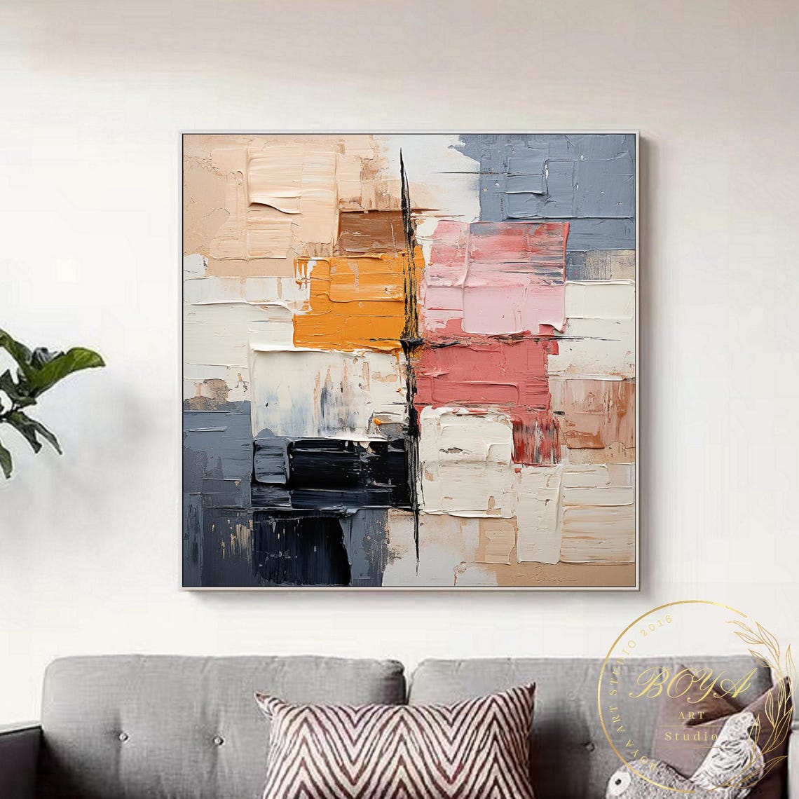 Warm Beige Orange Pink Patchwork Blocks Abstract Art Painting Poster