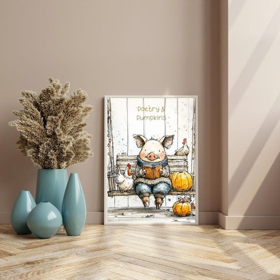 Countryside Piglet Poster Cozy Potbelly Pig Art Cute Illustration Poetry Pumpkins Print Farm Lover Gift Instant