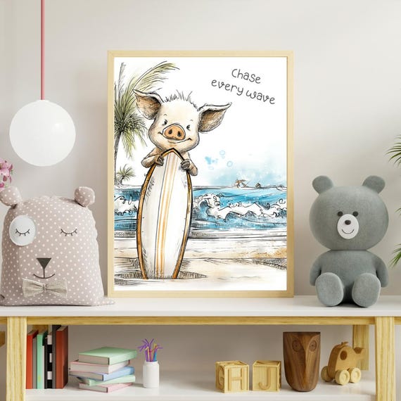Nursery Wall Art Potbelly Pig Poster Face Lover Gift Whimsical Surfer Print