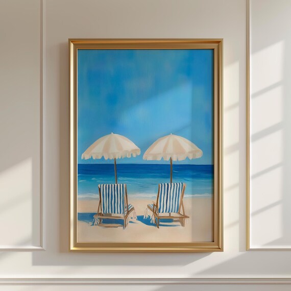 Blue Striped Beach Chairs Painting Umbrellas Coastal Art Poster