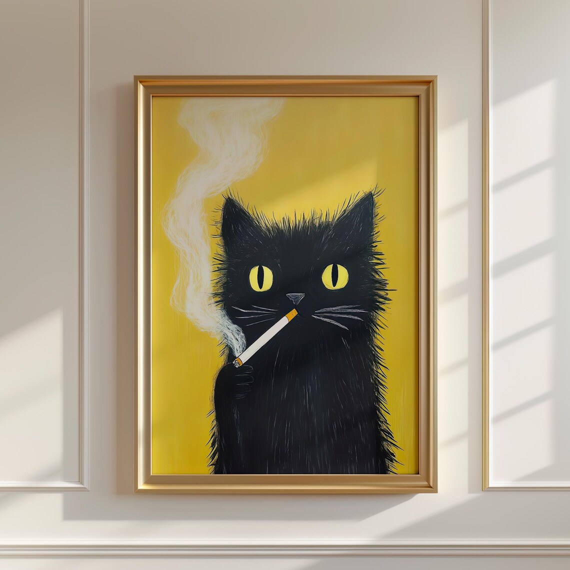 Smoking Black Cat in a Vertical Funny Vintage Kitsch Art Poster
