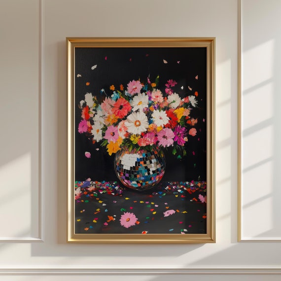 Disco Ball With Moody Florals Maximalist Funky Art Poster Indie Dark Cottagecore Decor Wildflowers Retro Eclectic Wall Art
