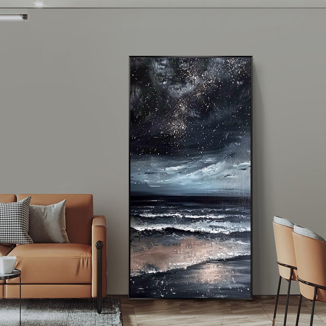 Glittering Starry Sky Above Black Midnight Ocean Waves Vertical Poster - Image 2