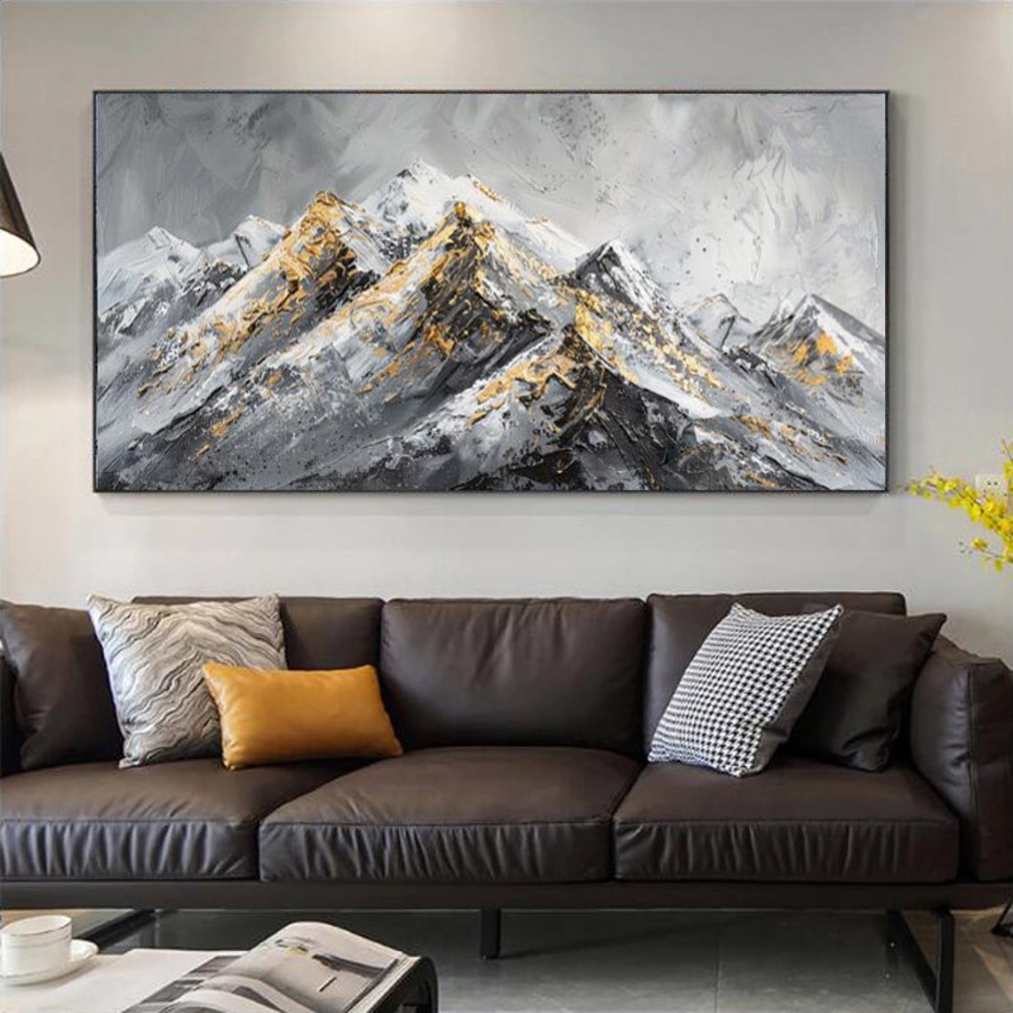 Grey Mountain Range With Gold Leaf Textured Landscape Painting Poster - Image 3