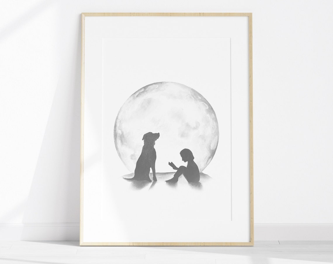 Girl Reading Book With Dog Under Full Moon Celestial Kids Poster