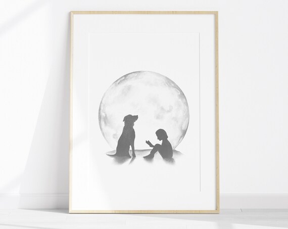 Girl Reading Book With Dog Under Full Moon Celestial Kids Poster
