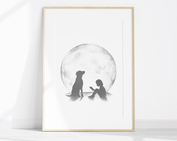 Moon Decor For Kids Celestial Kids Wall Decor Book Lover Gift Library Art Reader Gift Boho Moon Wall Art Dog Best Friend