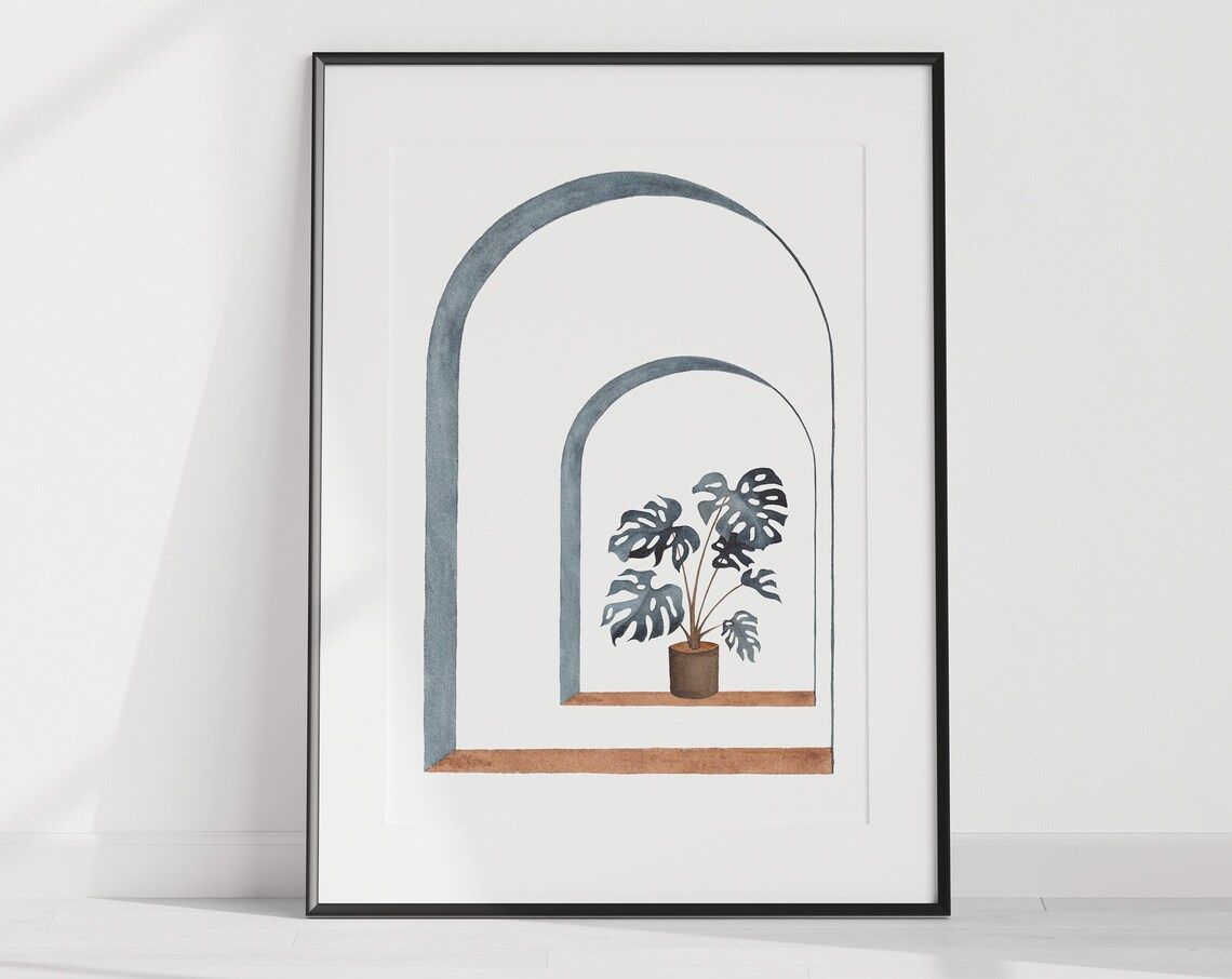 Abstract Boho Arch Print Minimalist Artwork Monstera Plant Poster Mid Century Arch Art Navy Blue Wall Art