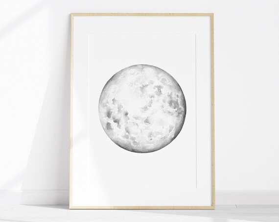 Full Moon Watercolor Study Minimalist Celestial Gray Lunar Art Poster