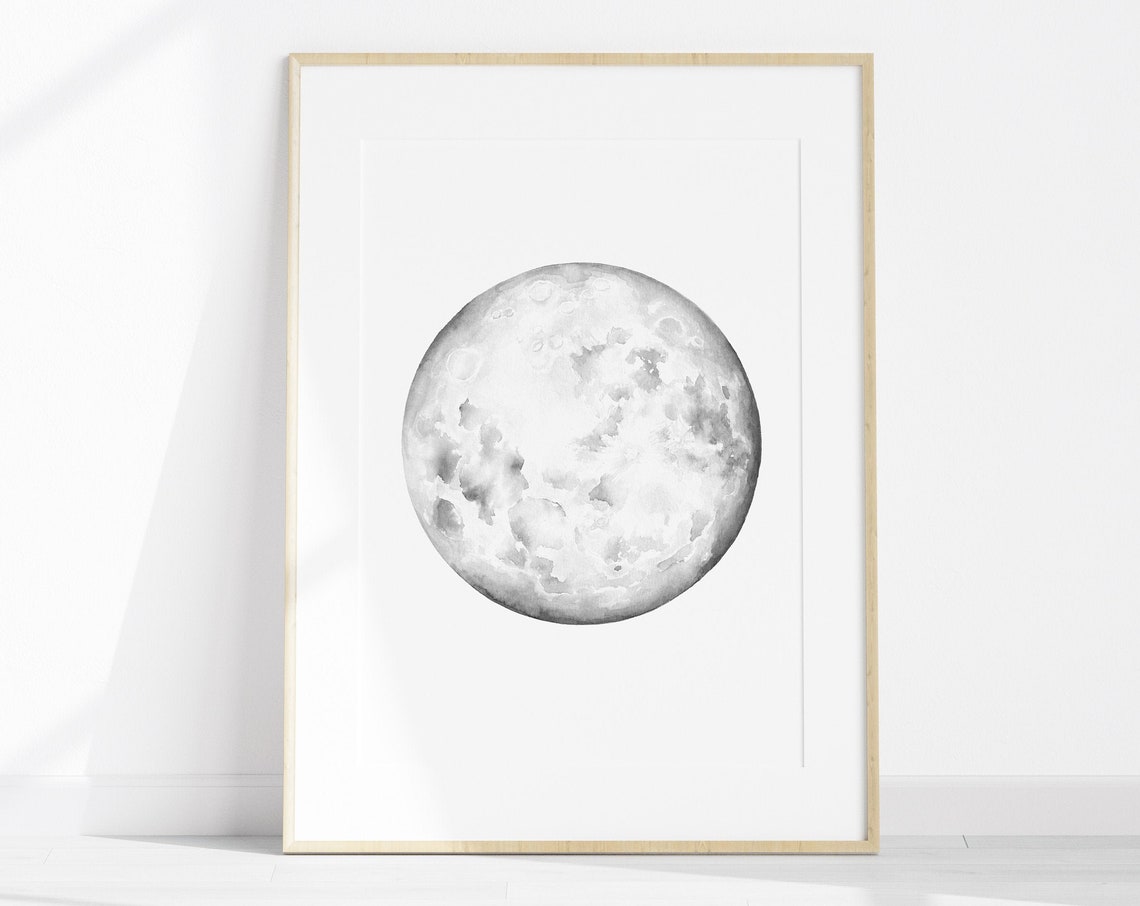 Full Moon Watercolor Study Minimalist Celestial Gray Lunar Art Poster