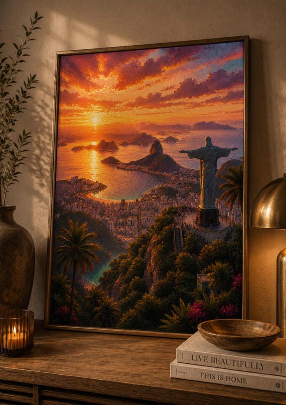 Rio De Janeiro Wall Art Christ The Redeemer Poster Brazil Sunset Print Cityscape Artwork Coastal Travel Decor