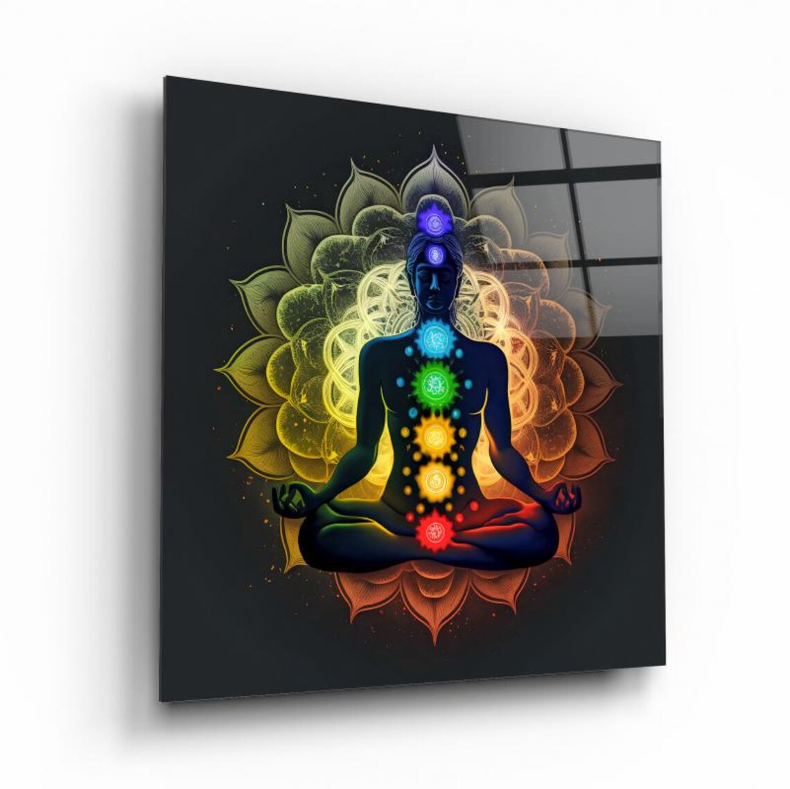 Chakra Meditation Silhouette with Lotus Flower Mandala Wall Art - Image 2