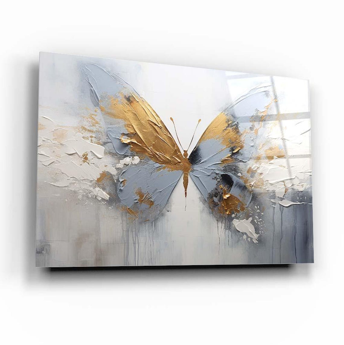Golden Butterfly Wall Art Tempered Glass Print Abstract Wall Decor Elegant Glass Wall Art For Modern Home And Office - Image 2