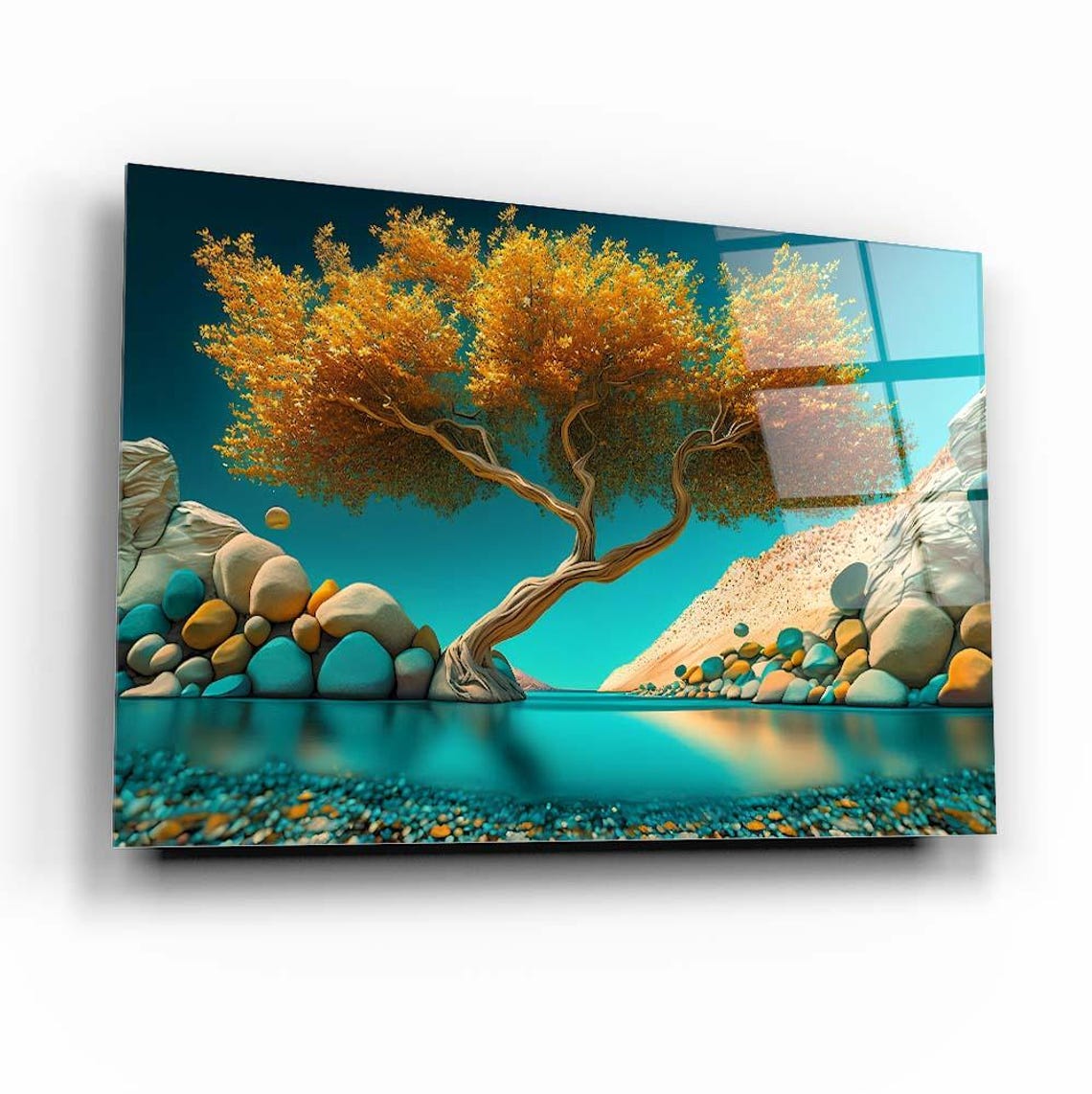 Golden Tree Landscape Wall Art Tempered Glass Print Vibrant Nature Design Elegant Glass Wall Art For Home And Office - Image 3