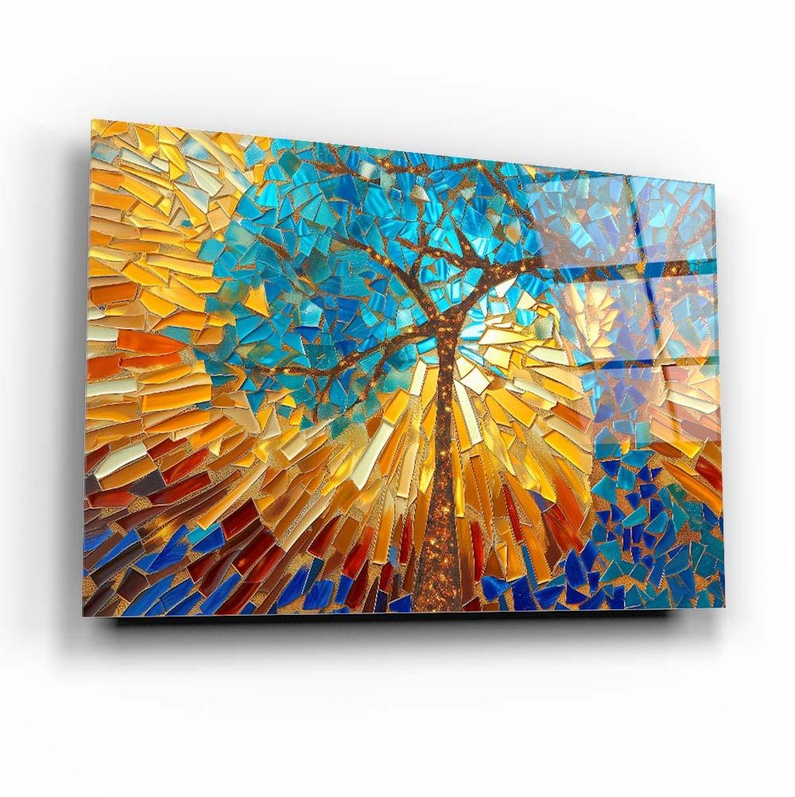 Stained Glass Mosaic Tree Blue Gold Sunset Vibrant Abstract Poster - Image 2