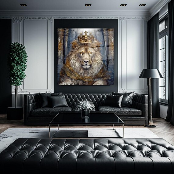 Royal Lion Portrait Wall Art Tempered Glass Print Modern Animal Wall Decor Luxury Glass Wall Art For Home And Office