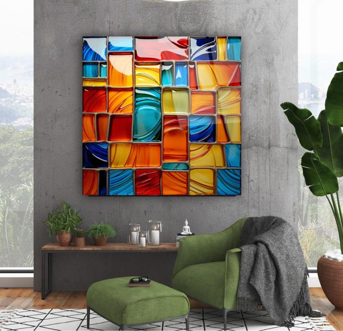 Colorful Mosaic Glass Tile Grid Bold Modern Abstract Art Poster - Image 3