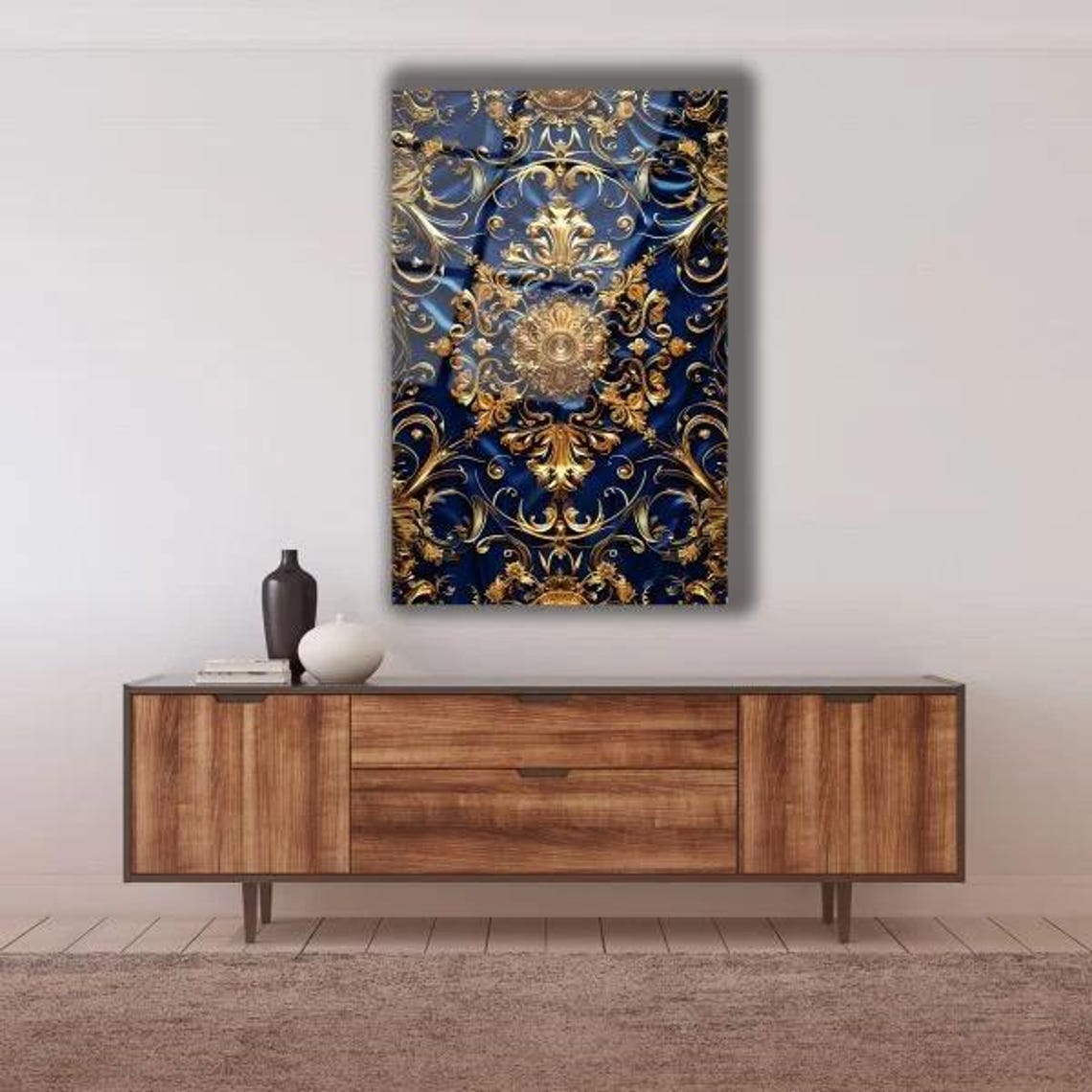 Baroque Gold Navy Ornate Pattern Luxury Classic Royal Decor Poster