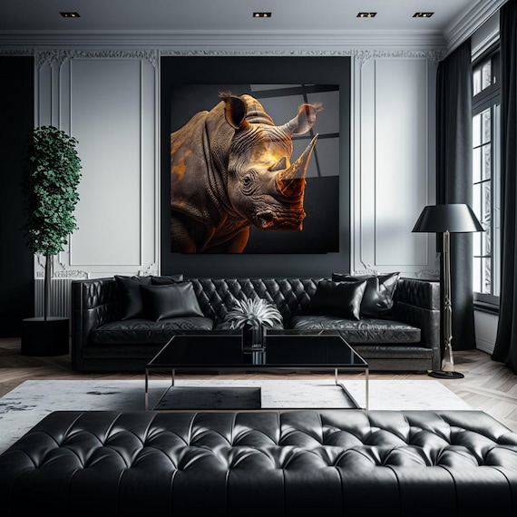 Majestic Rhino Head Portrait in Fiery Orange Sunlight Wall Art