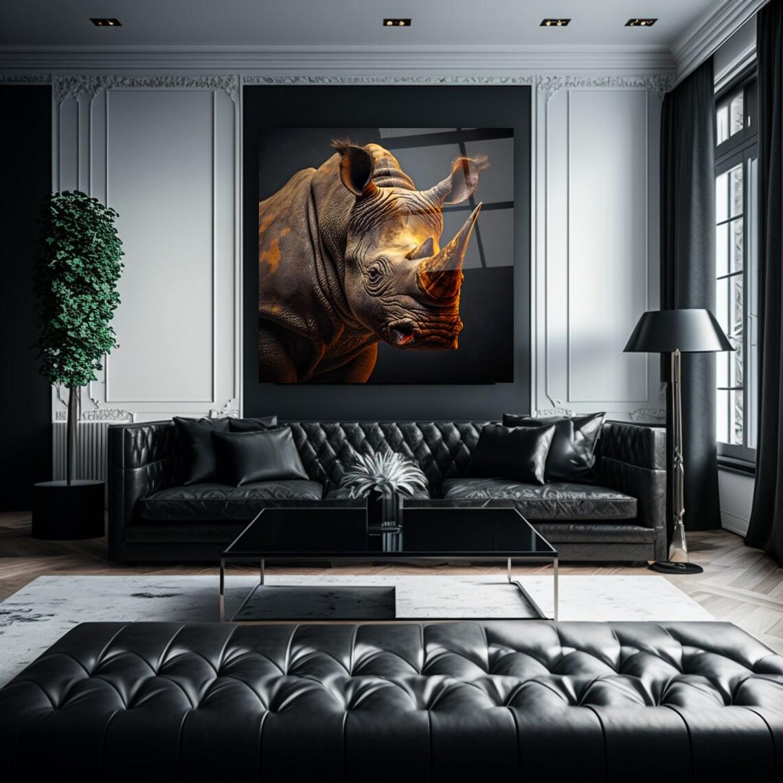 Majestic Rhino Portrait Wall Art Tempered Glass Print Modern Animal Wall Decor Luxury Glass Wall Art For Home And Office