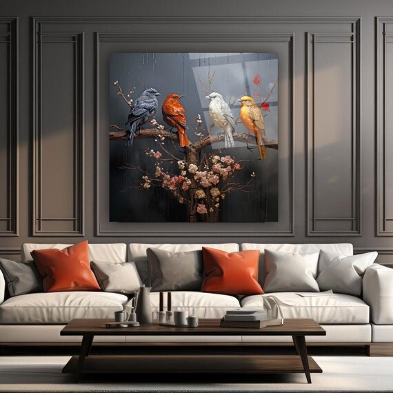 Charming Bird Quartet Wall Art Tempered Glass Print Modern Animal Wall Decor Luxury Glass Wall Art For Home And Office