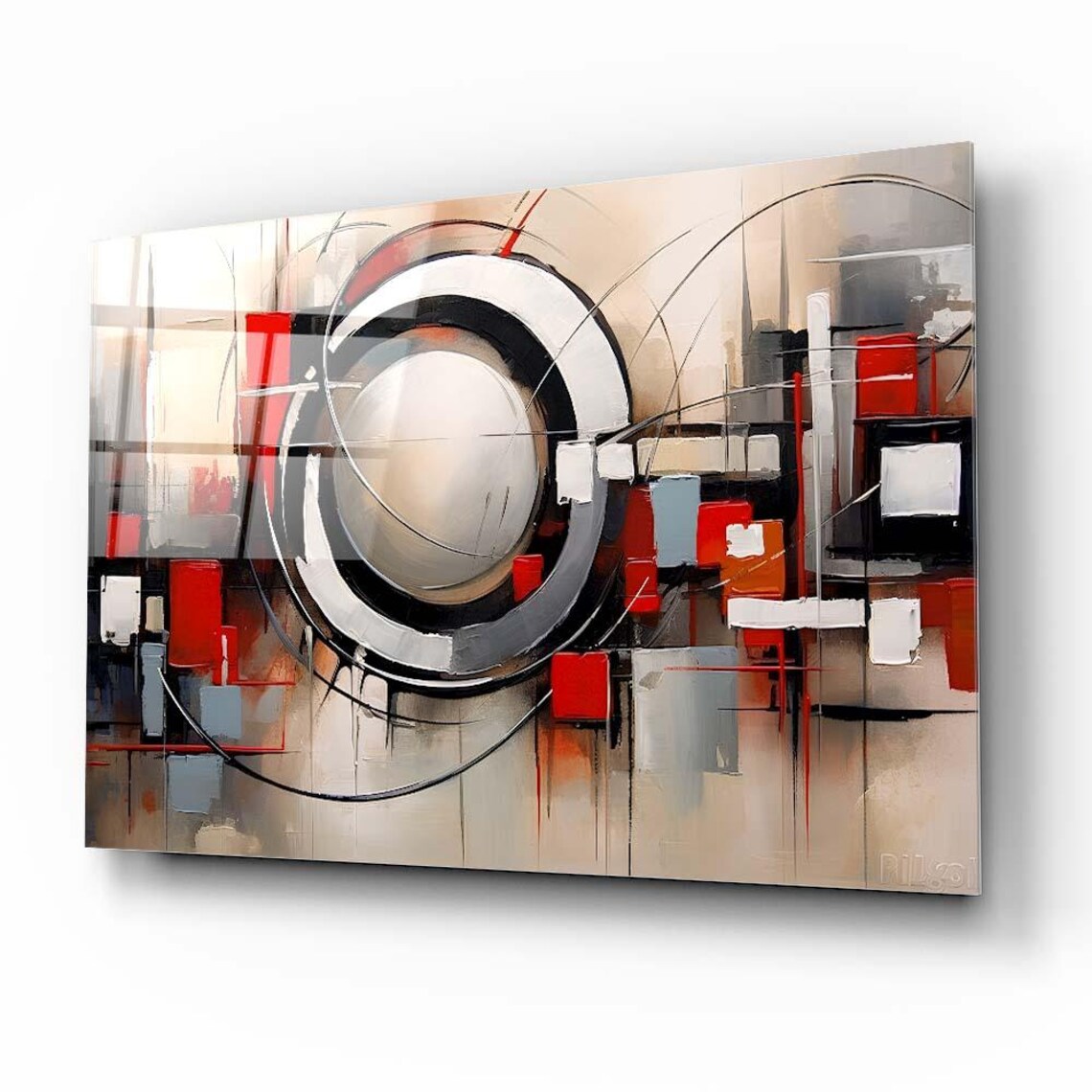 Geometric Circles Squares Red Black Beige Abstract Art Poster - Image 2