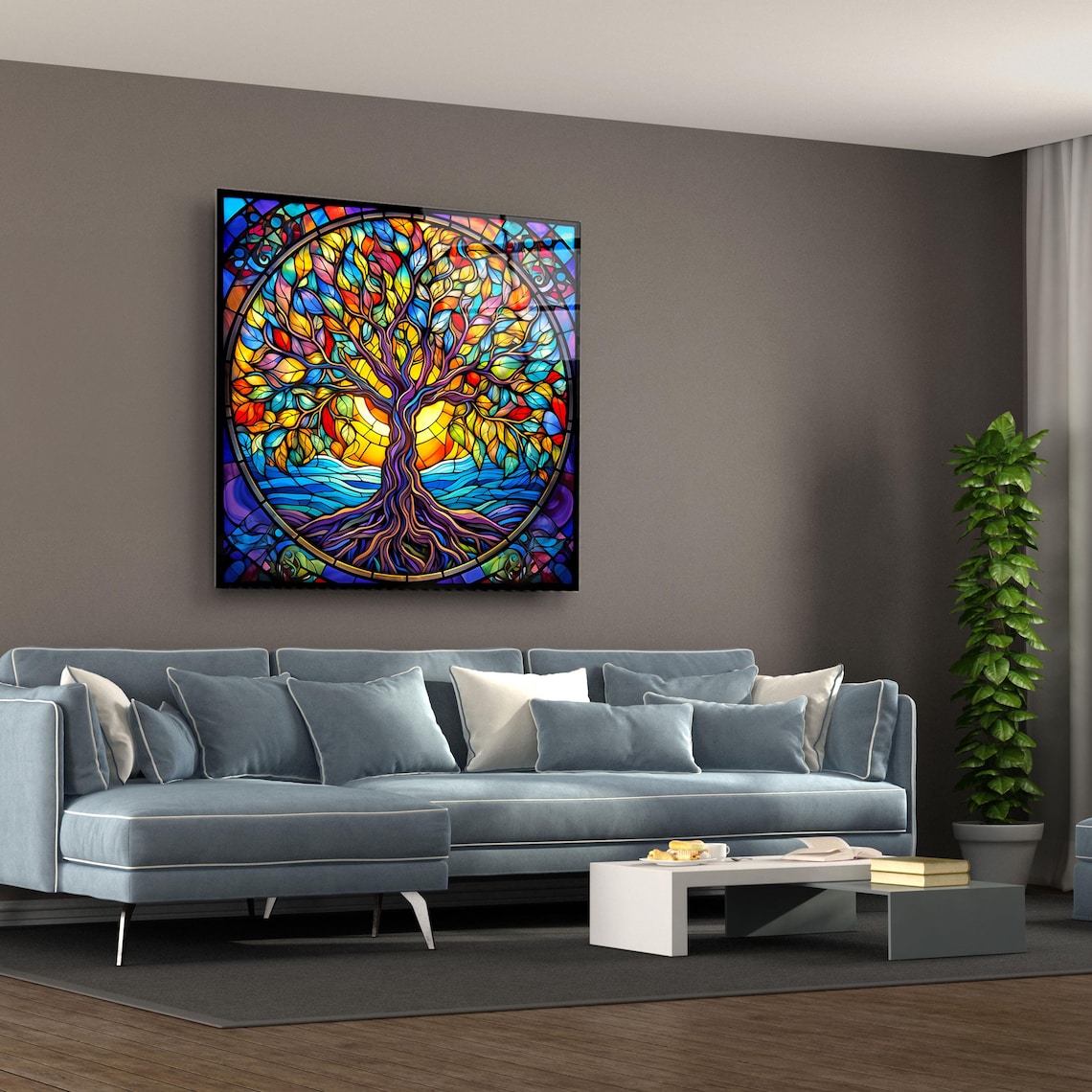 Tree Of Life Rainbow Leaves Stained Glass Round Modern Poster - Image 3