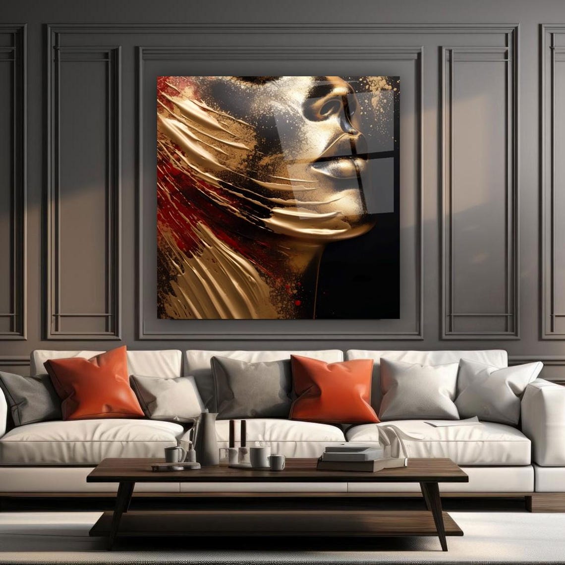 Abstract Golden Woman Face Profile with Crimson Red Paint Wall Art