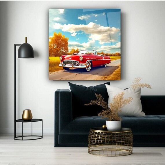 Classic Red Car Wall Art Tempered Glass Print Vintage Automobile Wall Decor Luxury Glass Wall Art For Home And Office