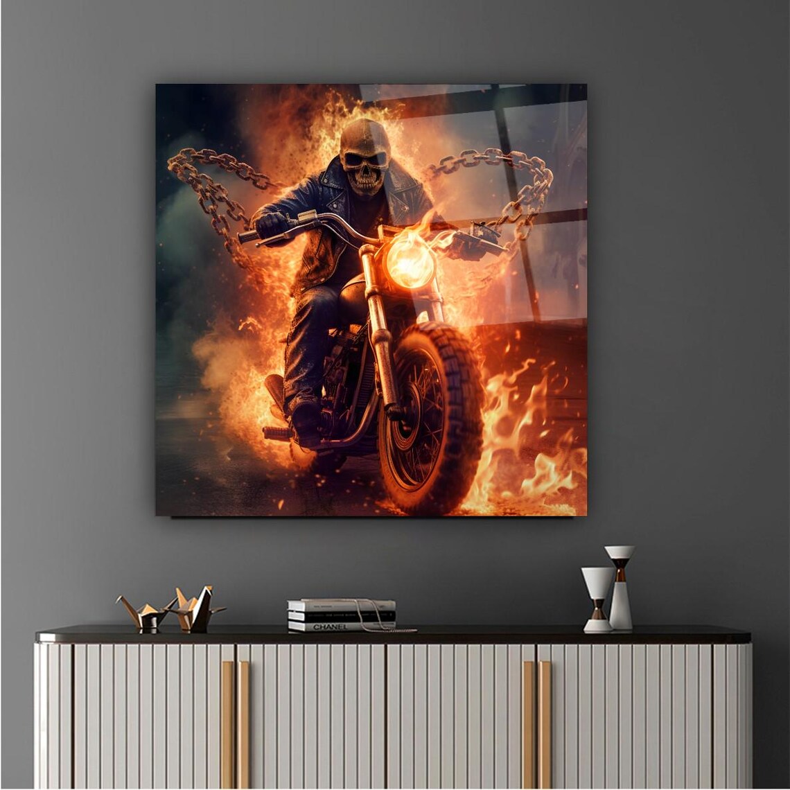Flaming Rider Portrait Wall Art Tempered Glass Print Modern Motorcycle Decor Luxury Glass Wall Art For Home And Office