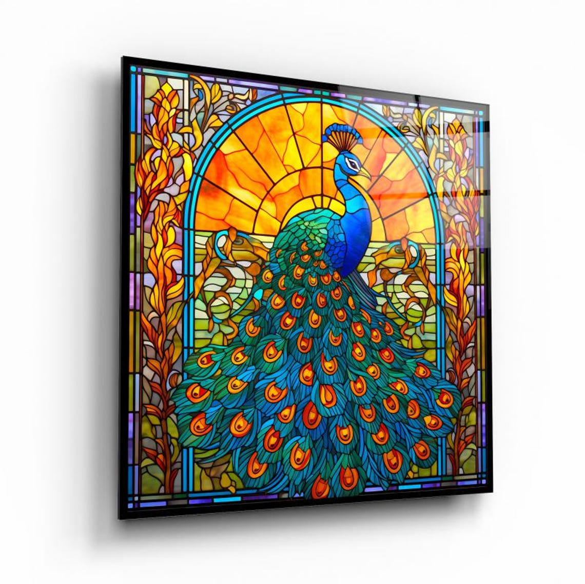 Elegant Peacock Stained Glass Art with Colorful Arch Wall Art - Image 2