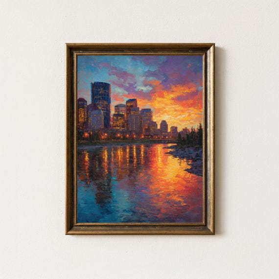 Calgary Skyline Sunset Print Fiery Reflection Oil Painting