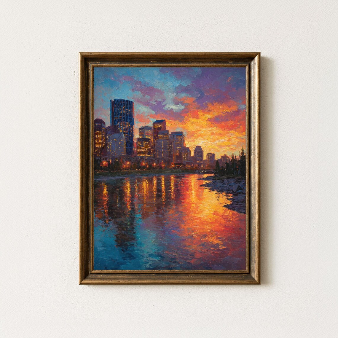 Calgary Skyline Sunset Reflection Oil Painting Cityscape Poster