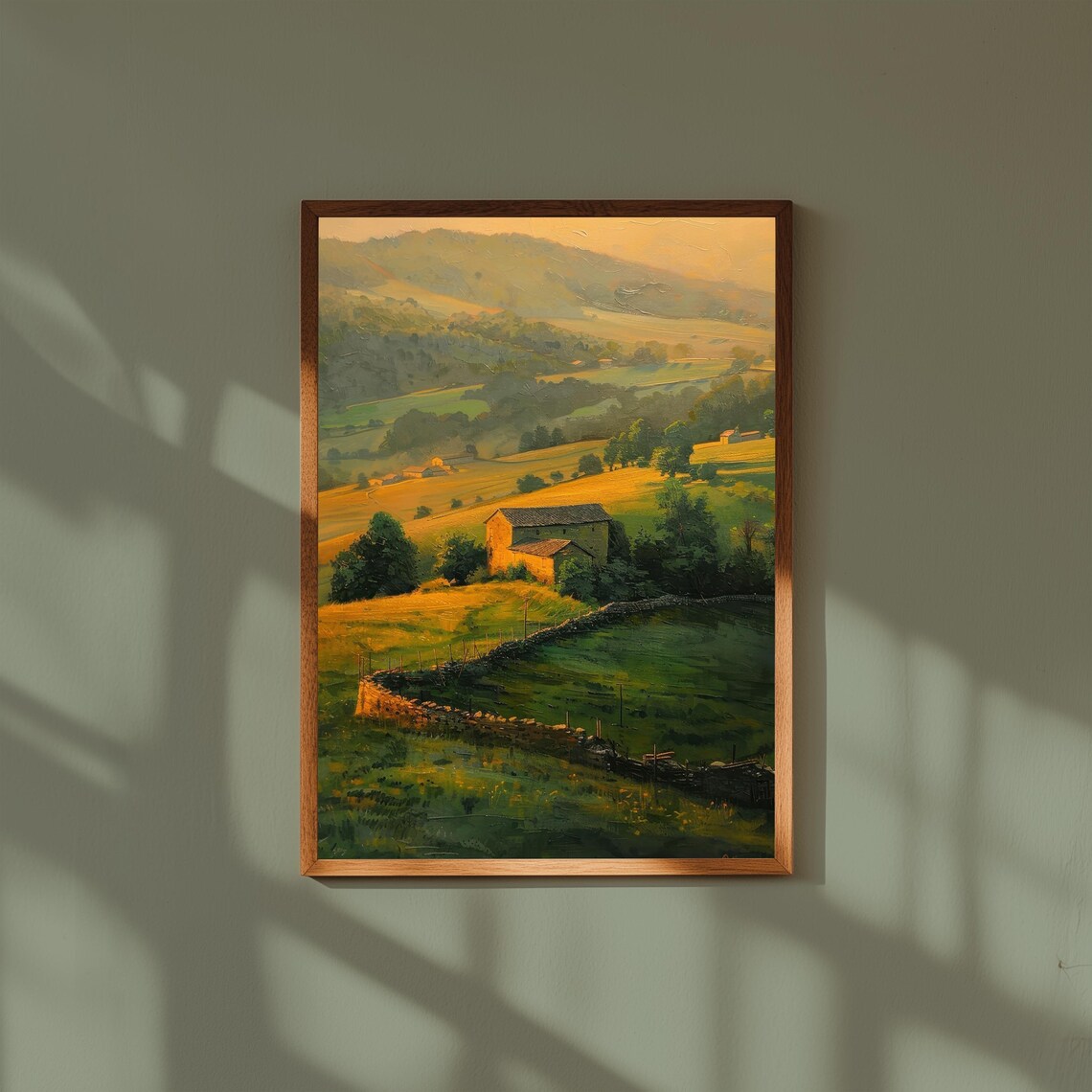 Green Pastoral Valley Stone Cottage Dry Stone Meadow Country Poster
