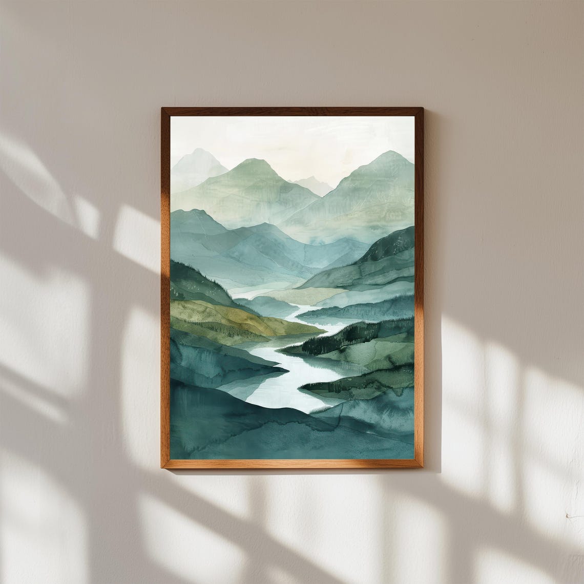Soft Green Mountain Ridges Misty River Valley Watercolor Nature Poster